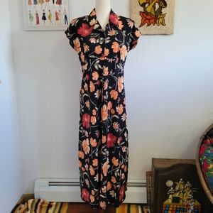 Saint Tropez West | 90s Vintage Black + Orange Floral Button Up Shirt Dress